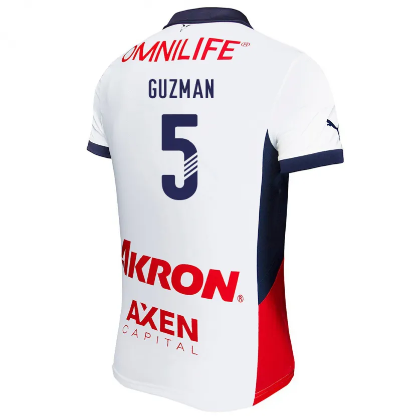 Danxen Kvinder Víctor Guzmán #5 Hvid Rød Blå Udebane Spillertrøjer 2024/25 Trøje T-Shirt