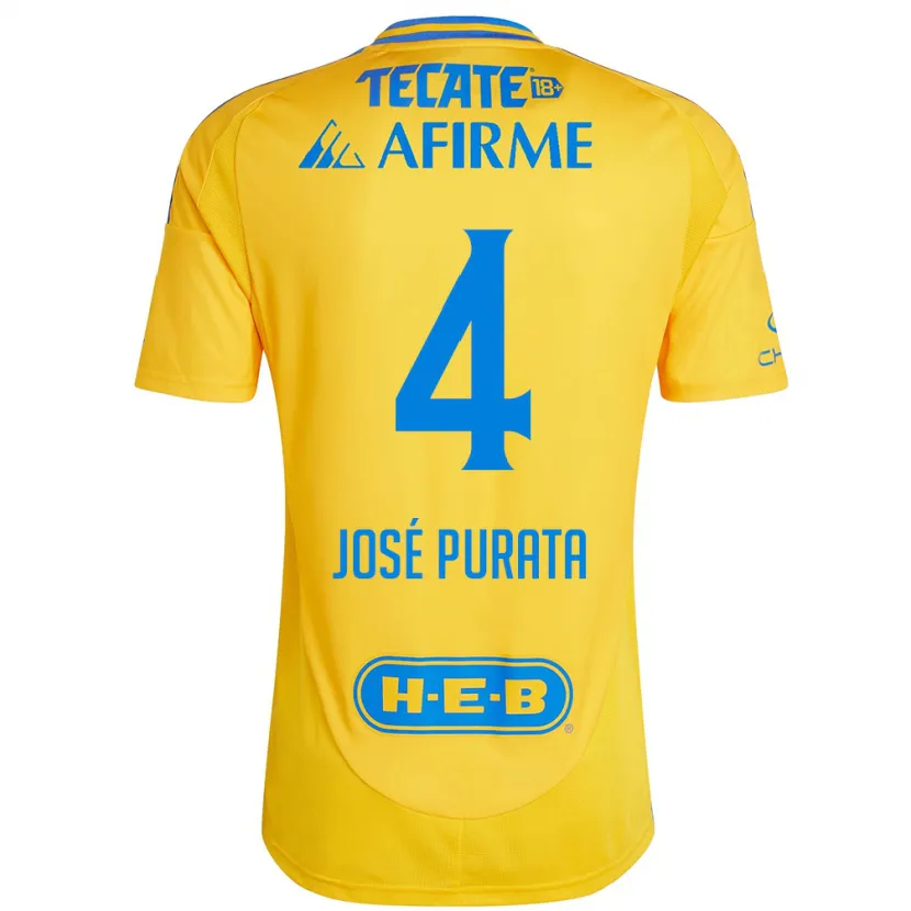Danxen Børn Juan José Purata #4 Guld Gul Hjemmebane Spillertrøjer 2024/25 Trøje T-Shirt