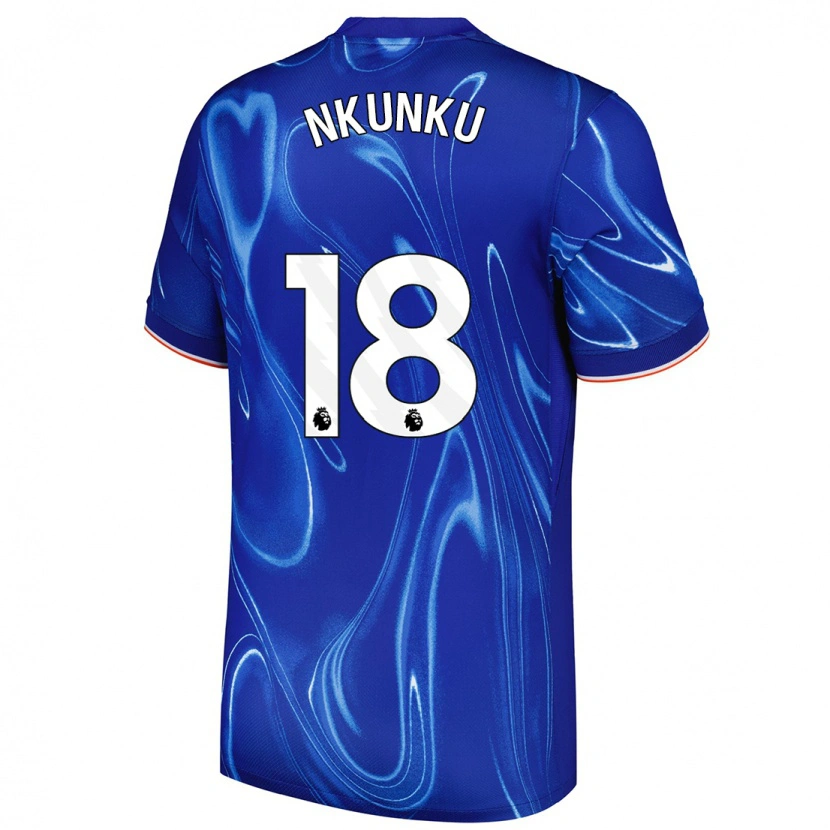 Danxen Børn Christopher Nkunku #18 Blå Hvid Hjemmebane Spillertrøjer 2024/25 Trøje T-Shirt