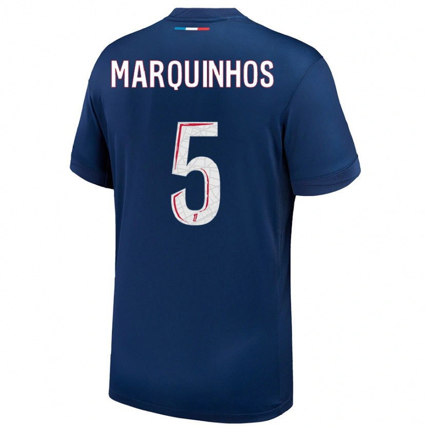 Danxen Børn Marquinhos #5 Marineblå Hvid Hjemmebane Spillertrøjer 2024/25 Trøje T-Shirt