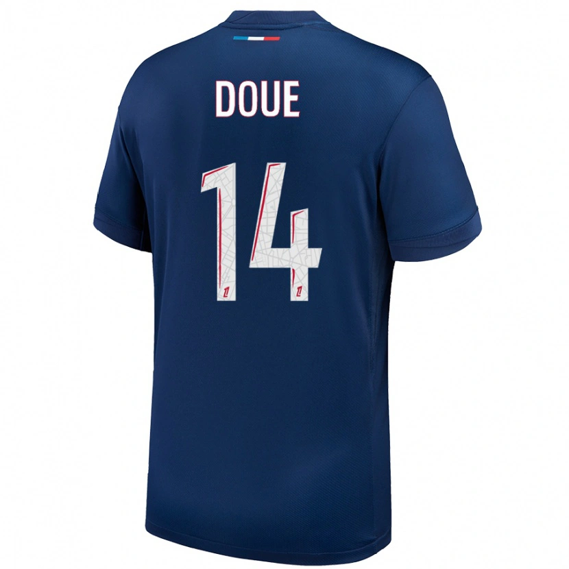Danxen Børn Désiré Doué #14 Marineblå Hvid Hjemmebane Spillertrøjer 2024/25 Trøje T-Shirt