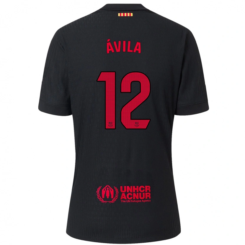Danxen Børn Dani Ávila #12 Sort Rød Udebane Spillertrøjer 2024/25 Trøje T-Shirt
