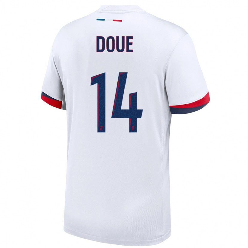Danxen Børn Désiré Doué #14 Hvid Blå Rød Udebane Spillertrøjer 2024/25 Trøje T-Shirt