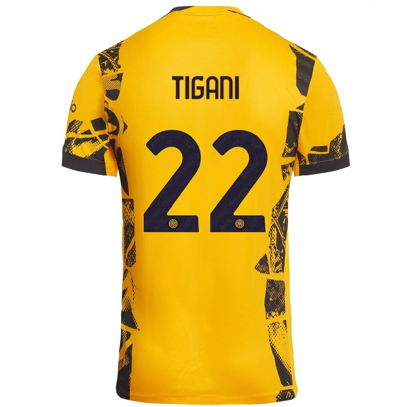 Danxen Børn Edoardo Tigani #22 Guld Sort Tredje Sæt Spillertrøjer 2024/25 Trøje T-Shirt