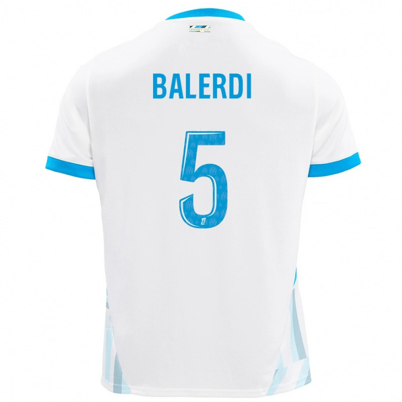 Danxen Mænd Leonardo Balerdi #5 Hvid Himmelblå Hjemmebane Spillertrøjer 2024/25 Trøje T-Shirt