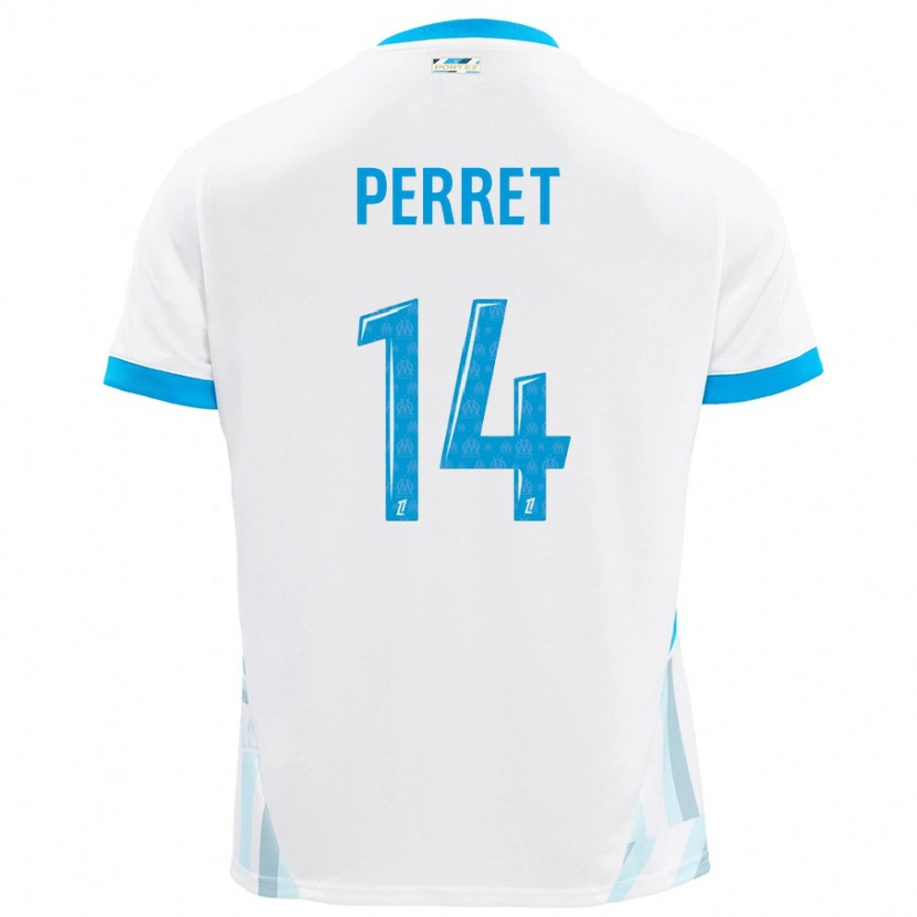 Danxen Mænd Jenny Perret #14 Hvid Himmelblå Hjemmebane Spillertrøjer 2024/25 Trøje T-Shirt