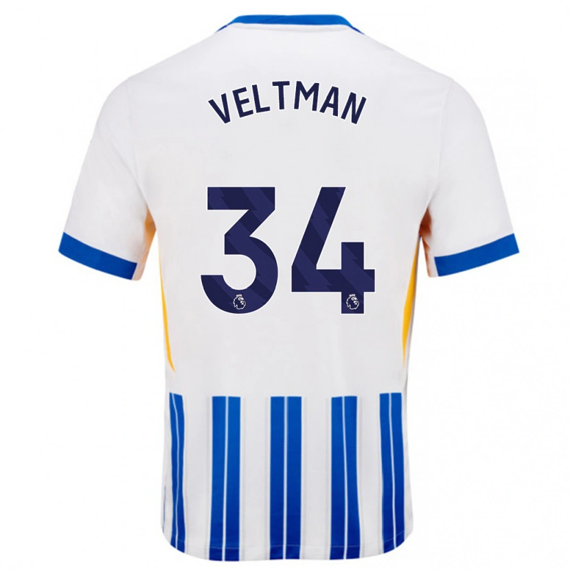 Danxen Børn Joël Veltman #34 Hvide Blå Nålestriber Hjemmebane Spillertrøjer 2024/25 Trøje T-Shirt