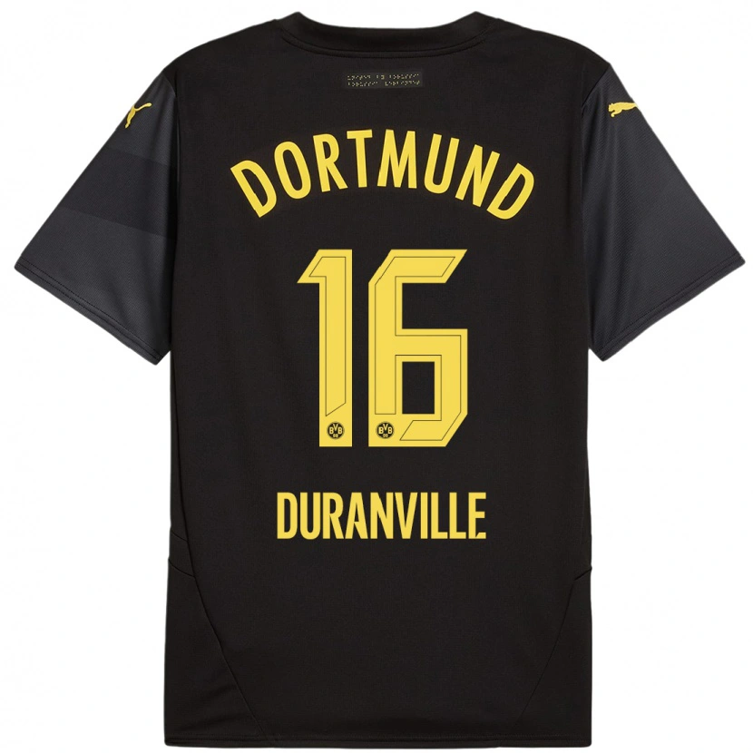 Danxen Børn Julien Duranville #16 Sort Gul Udebane Spillertrøjer 2024/25 Trøje T-Shirt