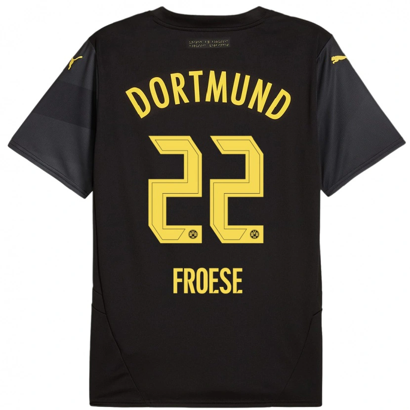 Danxen Børn Julien Froese #22 Sort Gul Udebane Spillertrøjer 2024/25 Trøje T-Shirt