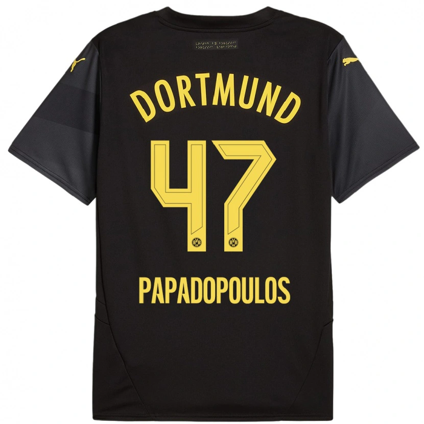 Danxen Børn Antonios Papadopoulos #47 Sort Gul Udebane Spillertrøjer 2024/25 Trøje T-Shirt