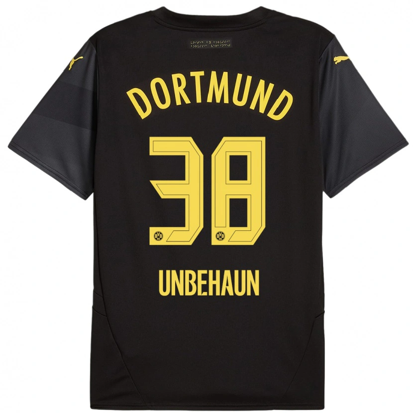 Danxen Børn Luca Unbehaun #38 Sort Gul Udebane Spillertrøjer 2024/25 Trøje T-Shirt