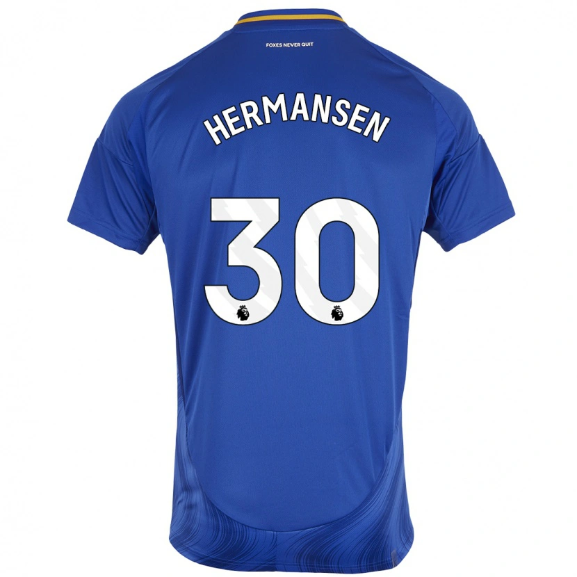 Danxen Mænd Mads Hermansen #30 Blå Hvid Hjemmebane Spillertrøjer 2024/25 Trøje T-Shirt