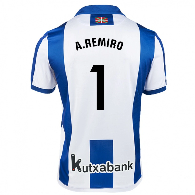Danxen Mænd Álex Remiro #1 Hvid Blå Hjemmebane Spillertrøjer 2024/25 Trøje T-Shirt