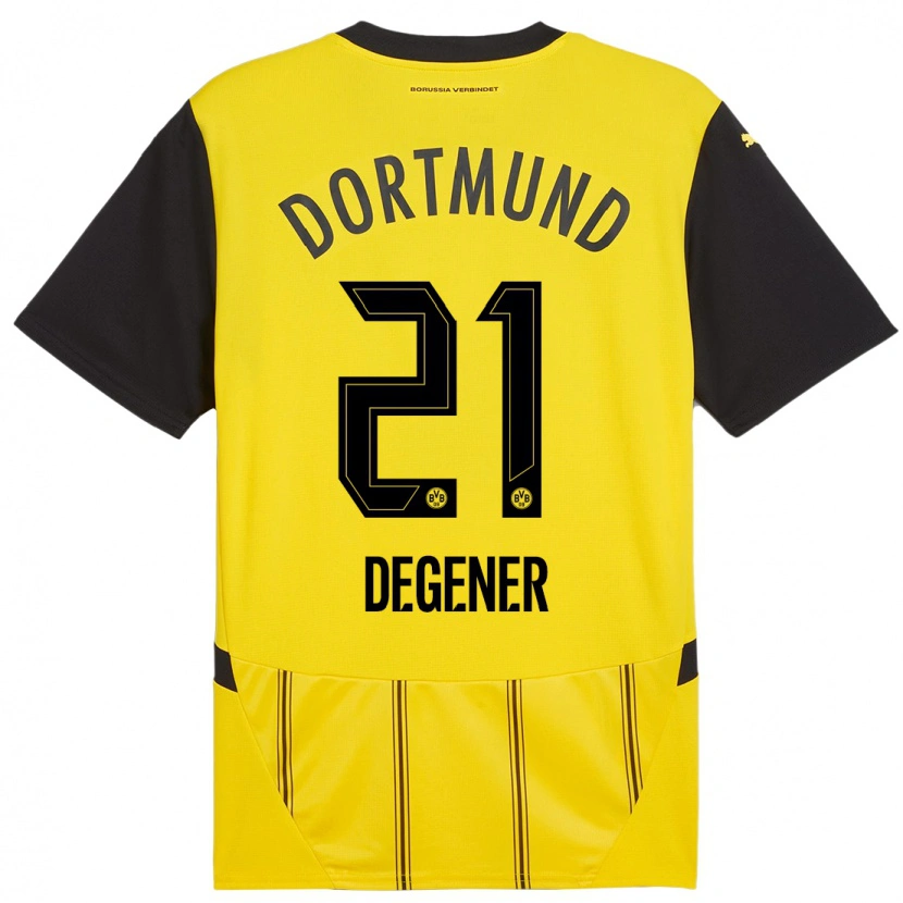 Danxen Kvinder Tim Degener #21 Gul Sort Hjemmebane Spillertrøjer 2024/25 Trøje T-Shirt