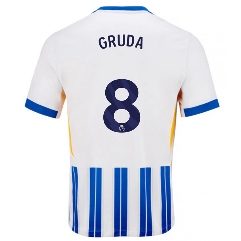 Danxen Kvinder Brajan Gruda #8 Hvide Blå Nålestriber Hjemmebane Spillertrøjer 2024/25 Trøje T-Shirt