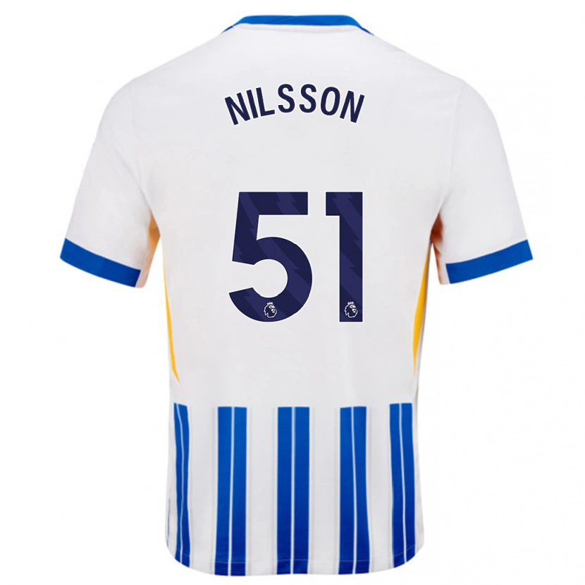 Danxen Kvinder Casper Nilsson #51 Hvide Blå Nålestriber Hjemmebane Spillertrøjer 2024/25 Trøje T-Shirt