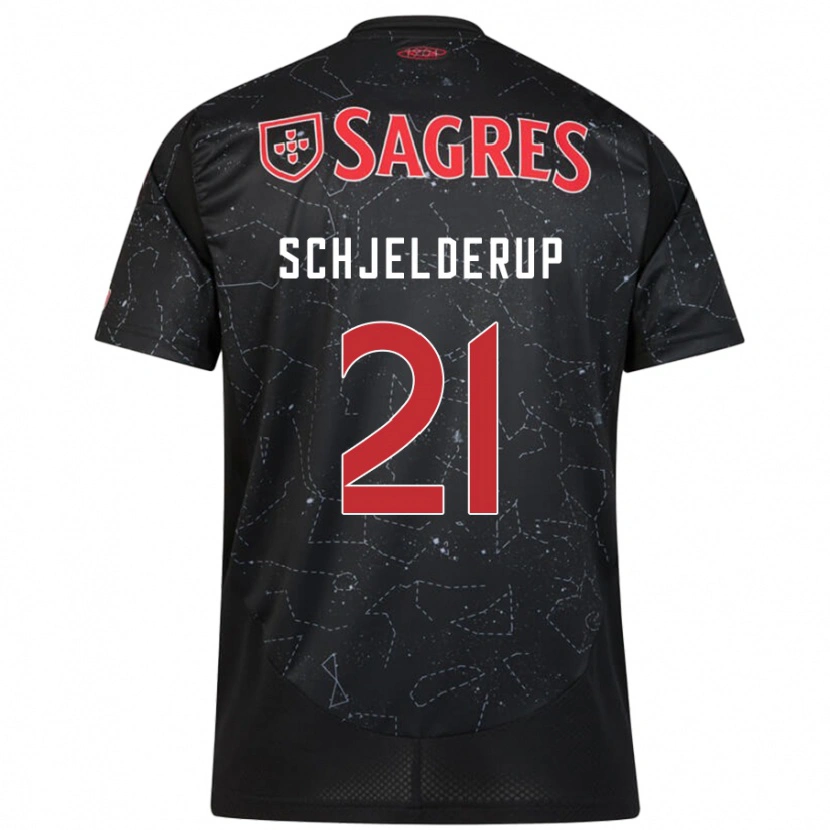 Danxen Kvinder Andreas Schjelderup #21 Sort Rød Udebane Spillertrøjer 2024/25 Trøje T-Shirt