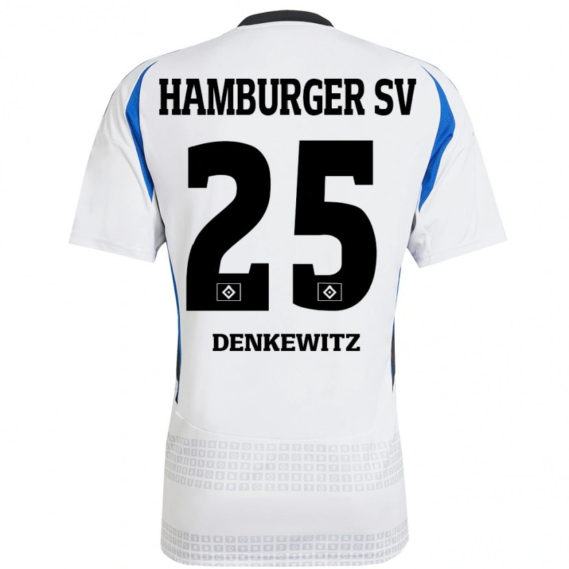 Danxen Børn Nick Denkewitz #25 Hvid Blå Hjemmebane Spillertrøjer 2024/25 Trøje T-Shirt