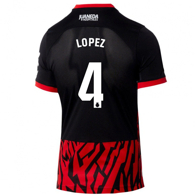 Danxen Børn David López #4 Sort Rød Hjemmebane Spillertrøjer 2024/25 Trøje T-Shirt