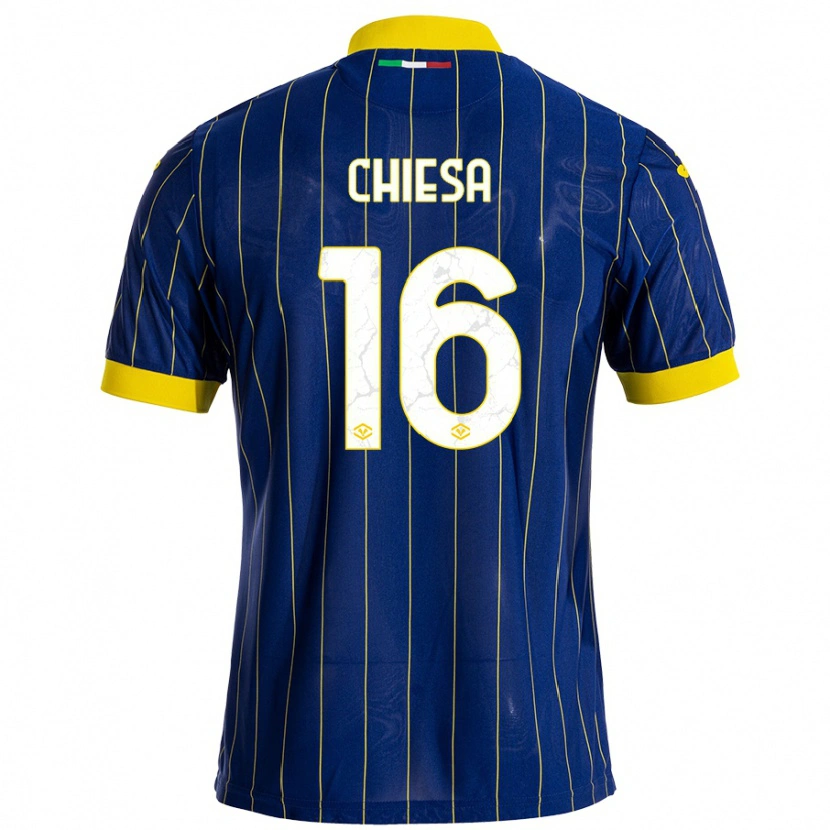 Danxen Børn Mattia Chiesa #16 Blå Gul Hjemmebane Spillertrøjer 2024/25 Trøje T-Shirt