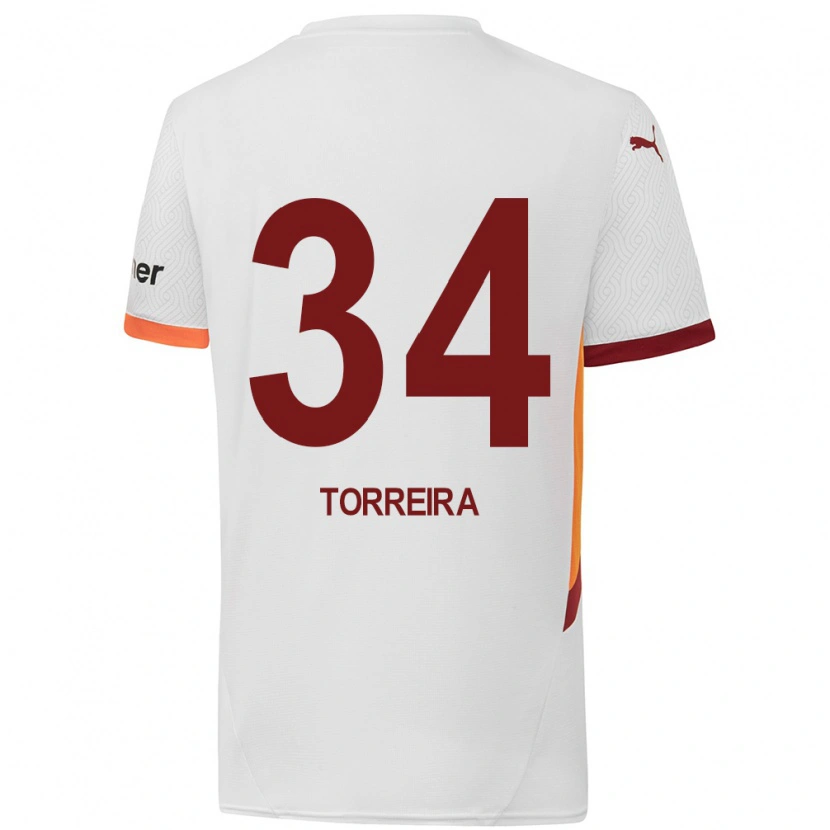 Danxen Børn Lucas Torreira #34 Hvid Gul Rød Udebane Spillertrøjer 2024/25 Trøje T-Shirt
