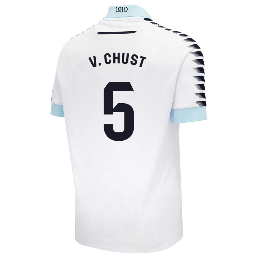 Danxen Børn Víctor Chust #5 Hvid Blå Udebane Spillertrøjer 2024/25 Trøje T-Shirt