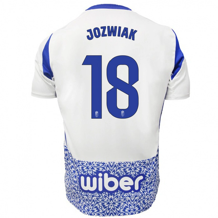 Danxen Børn Kamil Jóźwiak #18 Hvid Blå Udebane Spillertrøjer 2024/25 Trøje T-Shirt