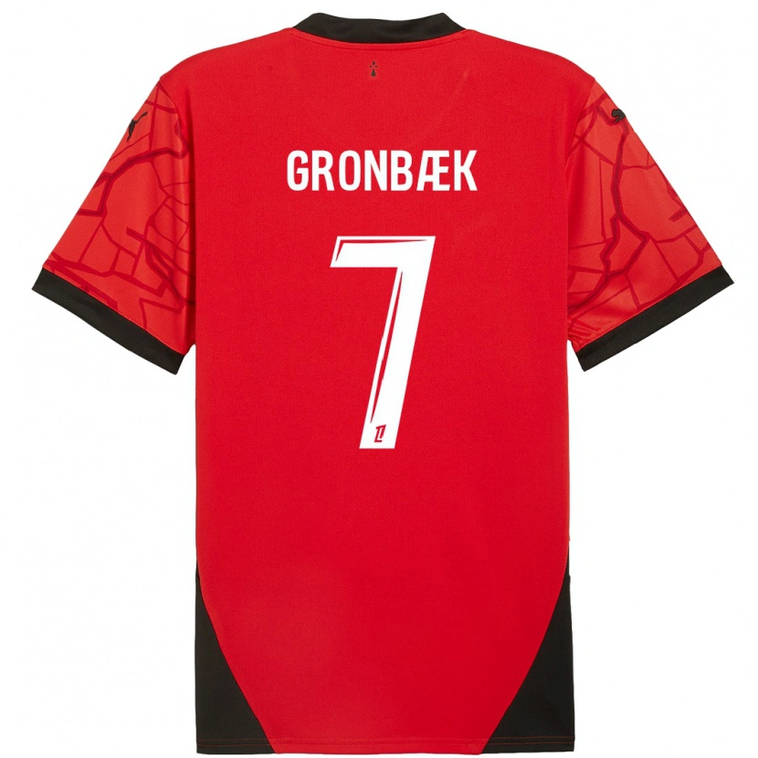 Danxen Mænd Albert Grønbaek #7 Rød Sort Hjemmebane Spillertrøjer 2024/25 Trøje T-Shirt