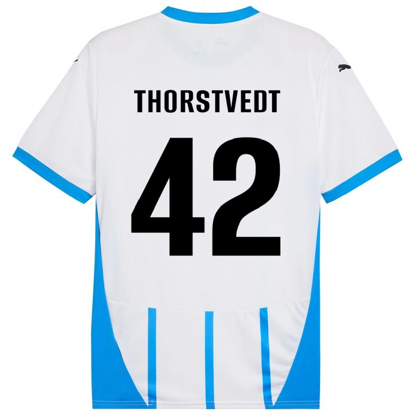 Danxen Mænd Kristian Thorstvedt #42 Hvid Blå Udebane Spillertrøjer 2024/25 Trøje T-Shirt
