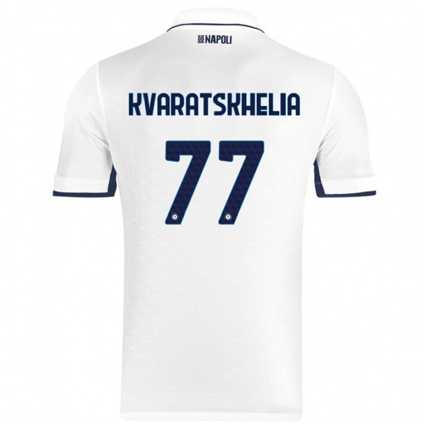 Danxen Mænd Khvicha Kvaratskhelia #77 Hvid Kongeblå Udebane Spillertrøjer 2024/25 Trøje T-Shirt