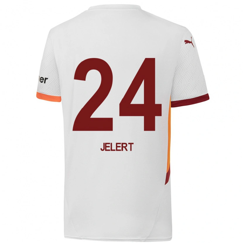 Danxen Mænd Elias Jelert #24 Hvid Gul Rød Udebane Spillertrøjer 2024/25 Trøje T-Shirt