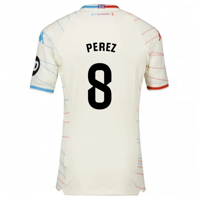 Danxen Mænd Kike Pérez #8 Hvid Rød Blå Udebane Spillertrøjer 2024/25 Trøje T-Shirt