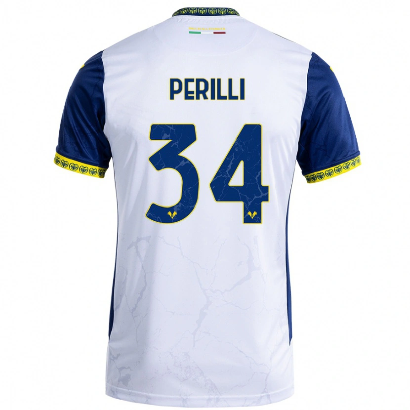 Danxen Mænd Simone Perilli #34 Hvid Blå Udebane Spillertrøjer 2024/25 Trøje T-Shirt