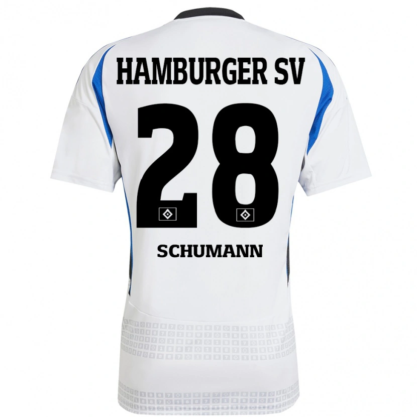 Danxen Kvinder Henri Schümann #28 Hvid Blå Hjemmebane Spillertrøjer 2024/25 Trøje T-Shirt