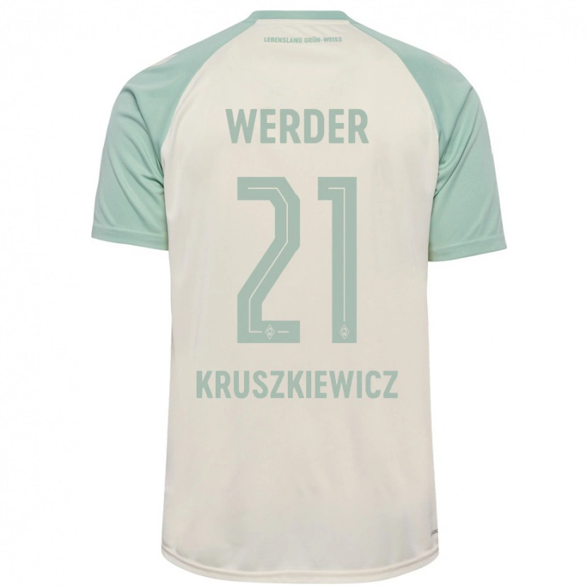 Danxen Børn Jakub Kruszkiewicz #21 Råhvid Lysegrøn Udebane Spillertrøjer 2024/25 Trøje T-Shirt