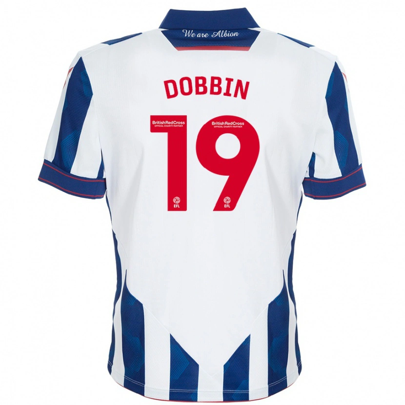 Danxen Mænd Lewis Dobbin #19 Hvid Mørkeblå Hjemmebane Spillertrøjer 2024/25 Trøje T-Shirt
