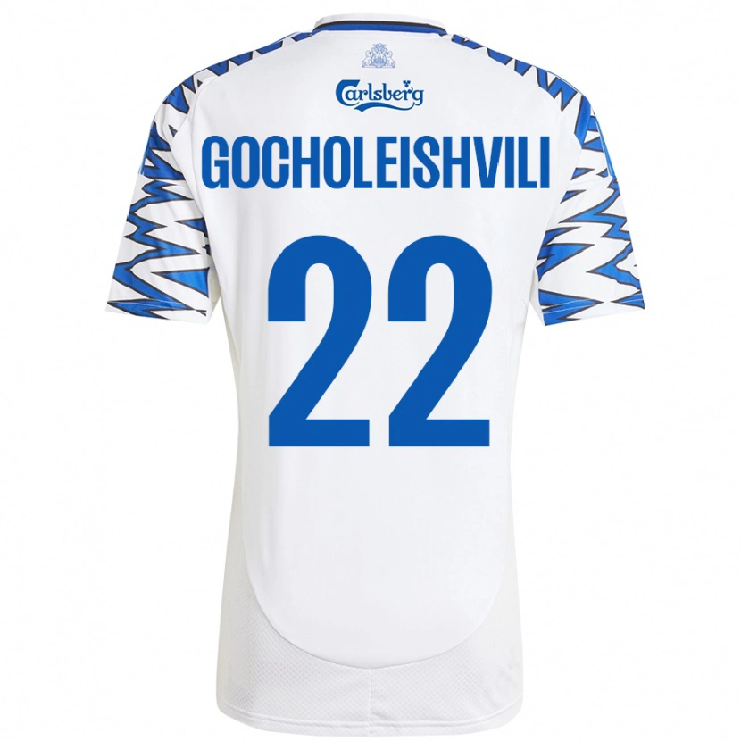 Danxen Børn Giorgi Gocholeishvili #22 Hvid Himmelblå Hjemmebane Spillertrøjer 2024/25 Trøje T-Shirt