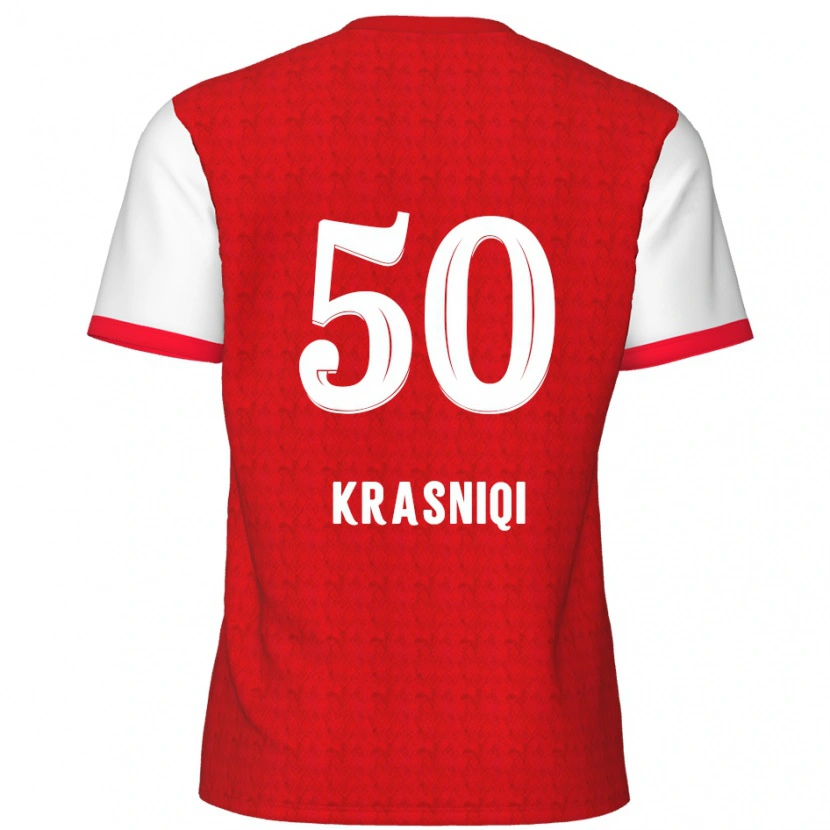 Danxen Mænd Laurit Krasniqi #50 Rød Hvid Hjemmebane Spillertrøjer 2024/25 Trøje T-Shirt