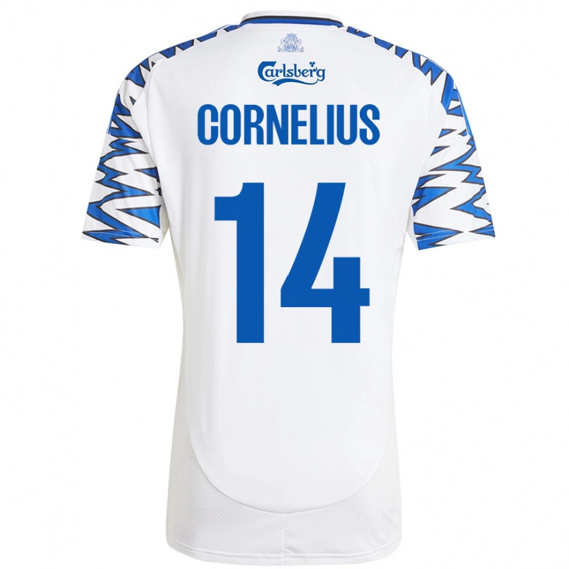 Danxen Mænd Andreas Cornelius #14 Hvid Himmelblå Hjemmebane Spillertrøjer 2024/25 Trøje T-Shirt