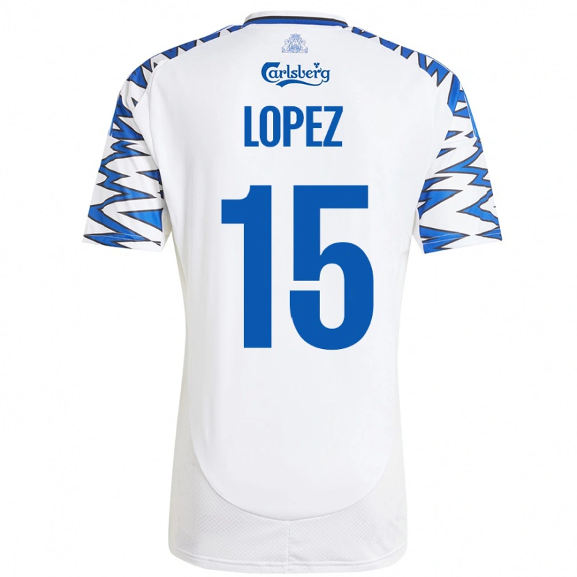 Danxen Mænd Marcos López #15 Hvid Himmelblå Hjemmebane Spillertrøjer 2024/25 Trøje T-Shirt