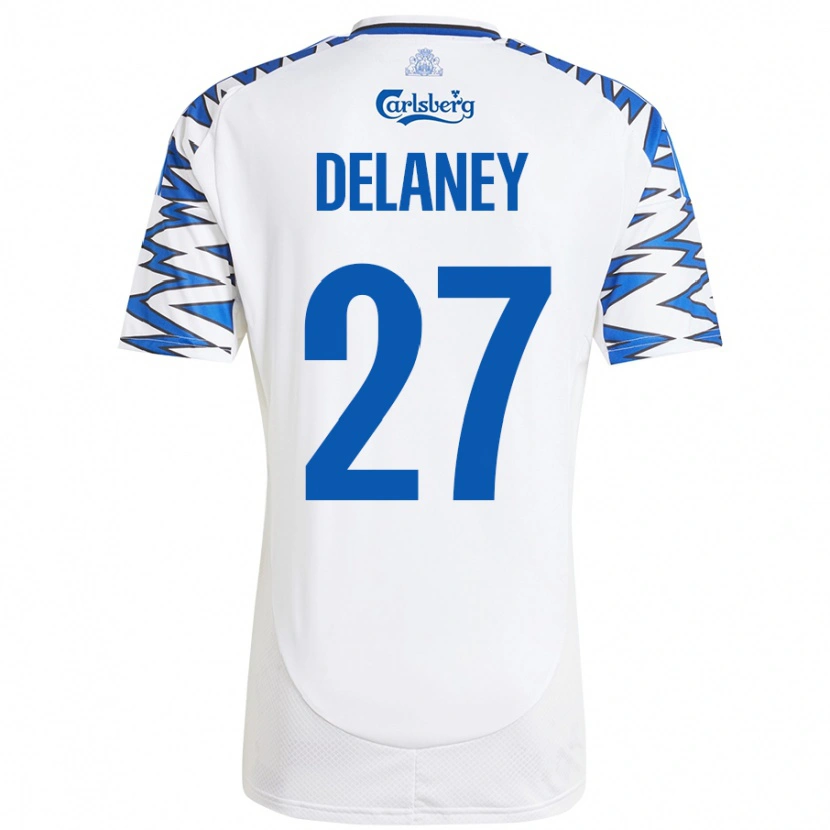 Danxen Mænd Thomas Delaney #27 Hvid Himmelblå Hjemmebane Spillertrøjer 2024/25 Trøje T-Shirt