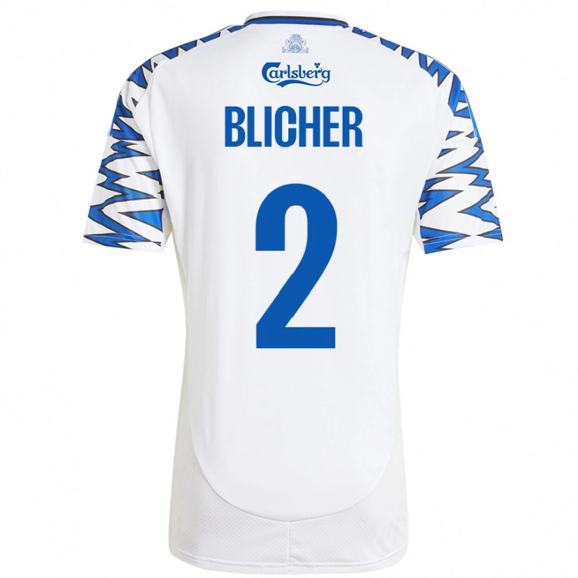 Danxen Mænd Nicolai Blicher #2 Hvid Himmelblå Hjemmebane Spillertrøjer 2024/25 Trøje T-Shirt