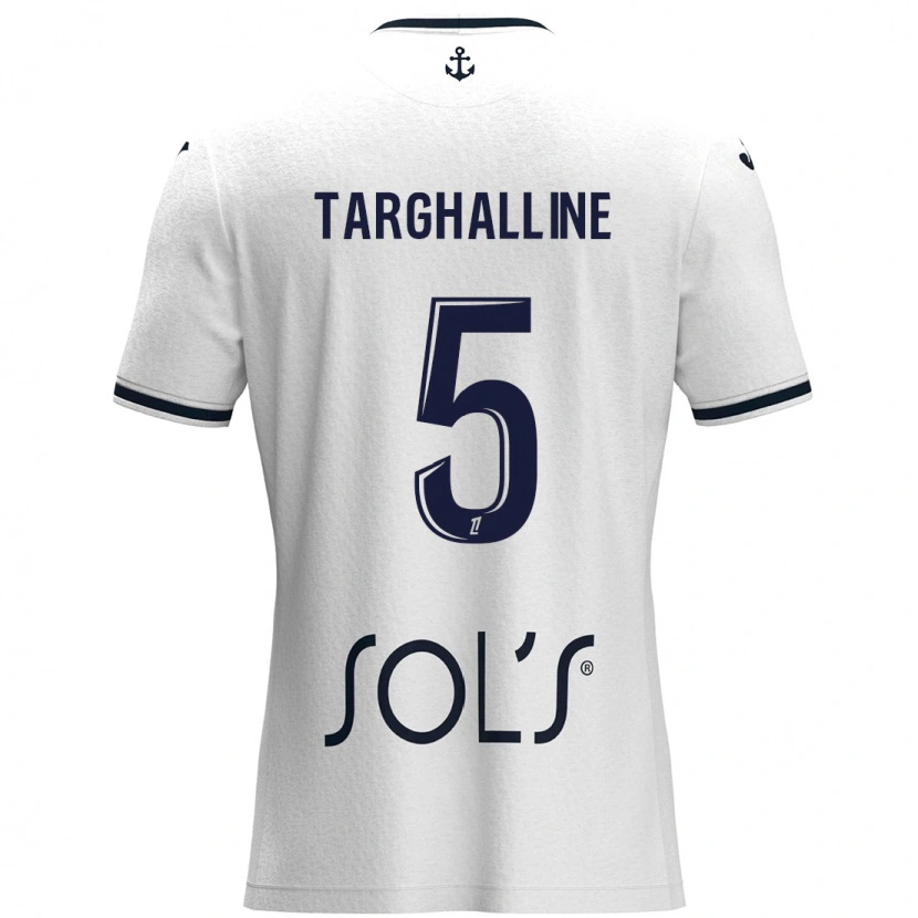 Danxen Mænd Oussama Targhalline #5 Hvid Mørkeblå Udebane Spillertrøjer 2024/25 Trøje T-Shirt