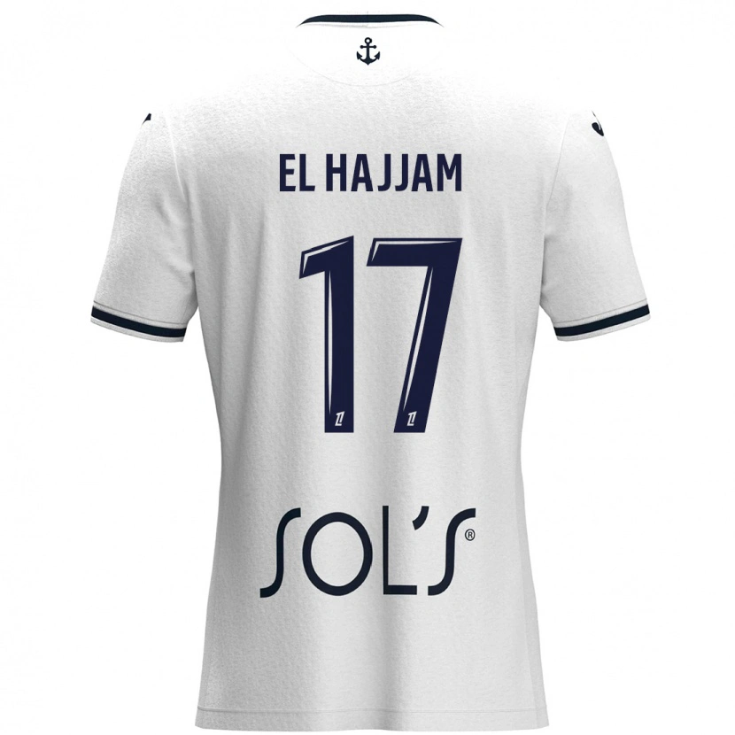 Danxen Mænd Oualid El Hajjam #17 Hvid Mørkeblå Udebane Spillertrøjer 2024/25 Trøje T-Shirt