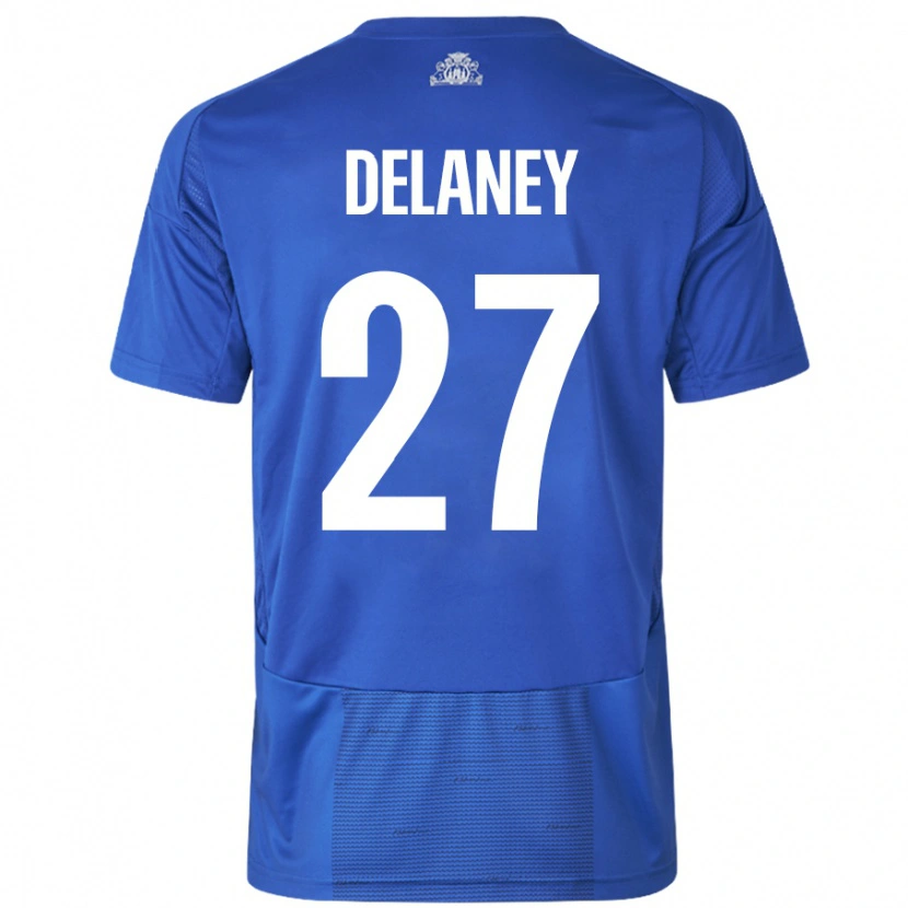 Danxen Mænd Thomas Delaney #27 Hvid Blå Udebane Spillertrøjer 2024/25 Trøje T-Shirt