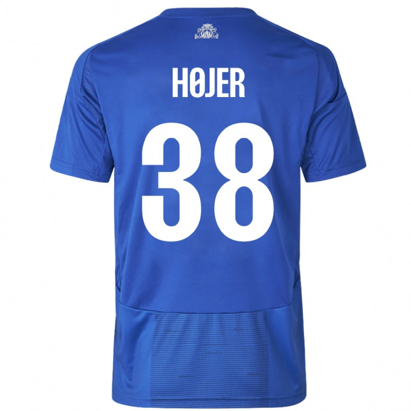 Danxen Mænd Oliver Højer #38 Hvid Blå Udebane Spillertrøjer 2024/25 Trøje T-Shirt