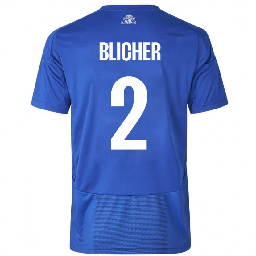 Danxen Mænd Nicolai Blicher #2 Hvid Blå Udebane Spillertrøjer 2024/25 Trøje T-Shirt