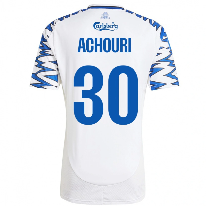 Danxen Kvinder Elias Achouri #30 Hvid Himmelblå Hjemmebane Spillertrøjer 2024/25 Trøje T-Shirt